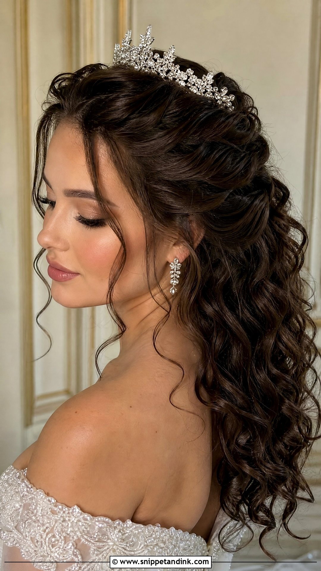 Half Up Curly Hairstyle With Tiara - Snippet and Ink - 20 Half-Up Curly Wedding Hairstyles