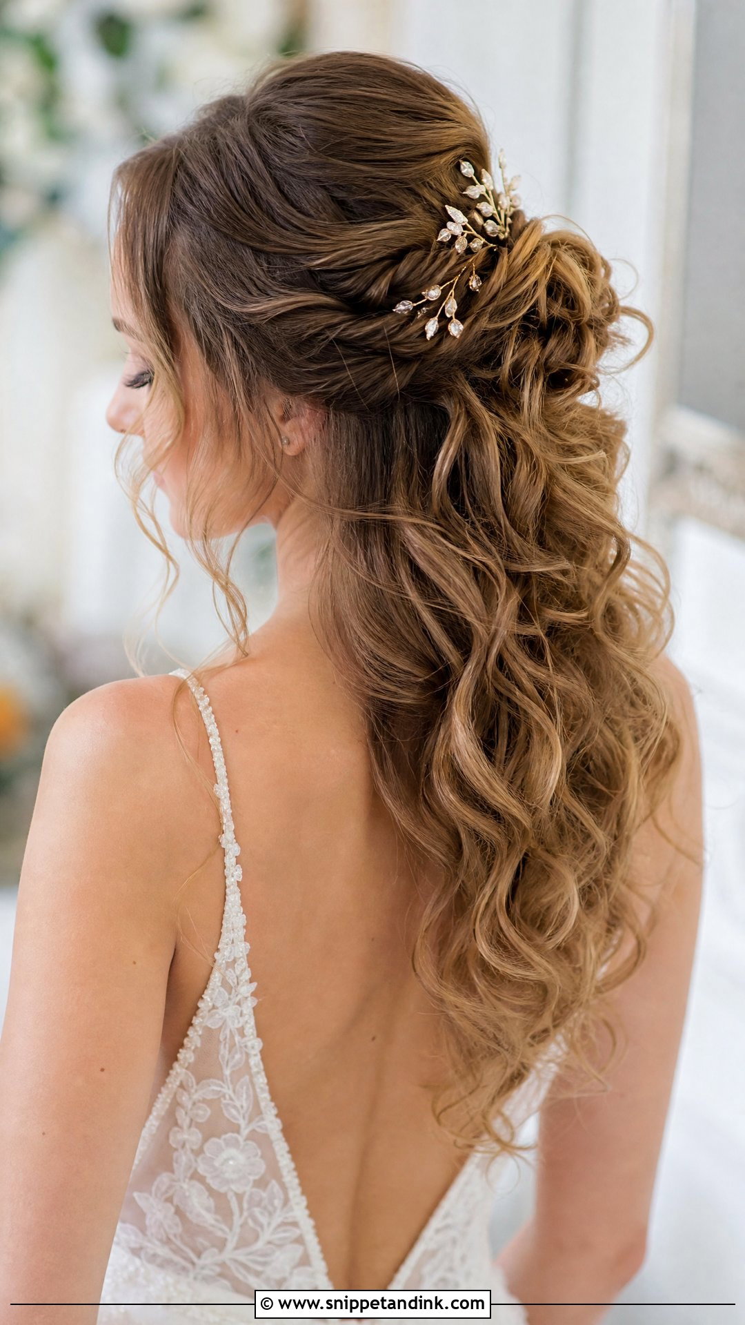 Half Up Curly Hairstyle With Twisted Bun - Snippet and Ink - 20 Half-Up Curly Wedding Hairstyles
