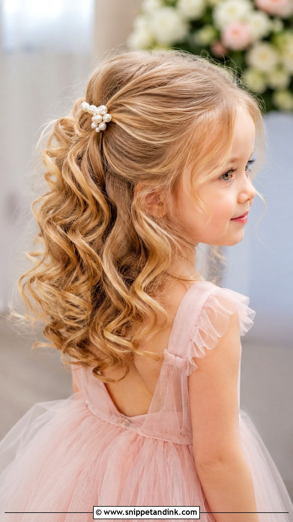 Half Up Curly Hairstyle for Little Girls - Snippet and Ink - 25 Kids Wedding Hairstyles