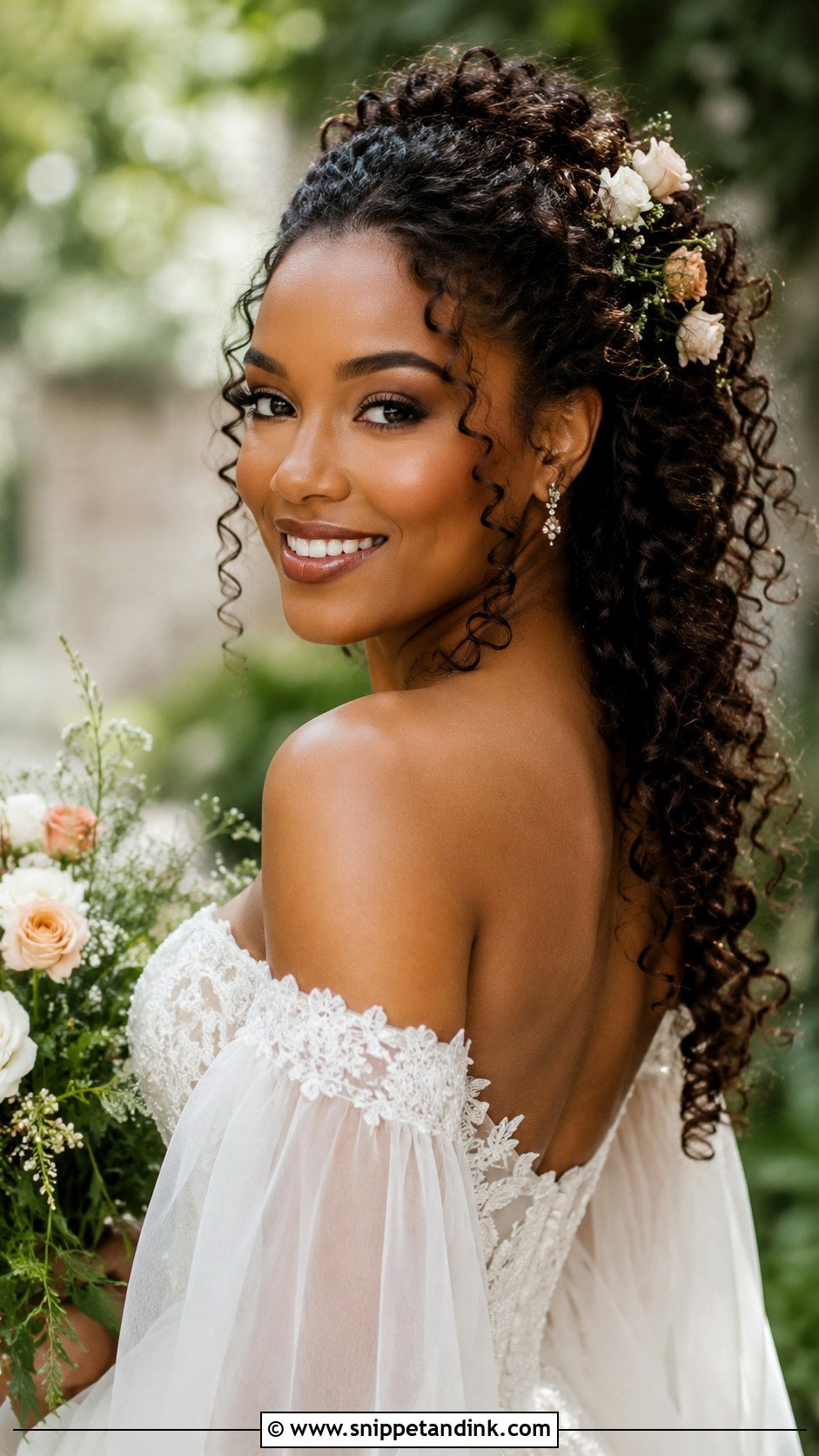 Half Up Curly Style With Floral Accents - Snippet and Ink - 20 Natural Hairstyles for Brides
