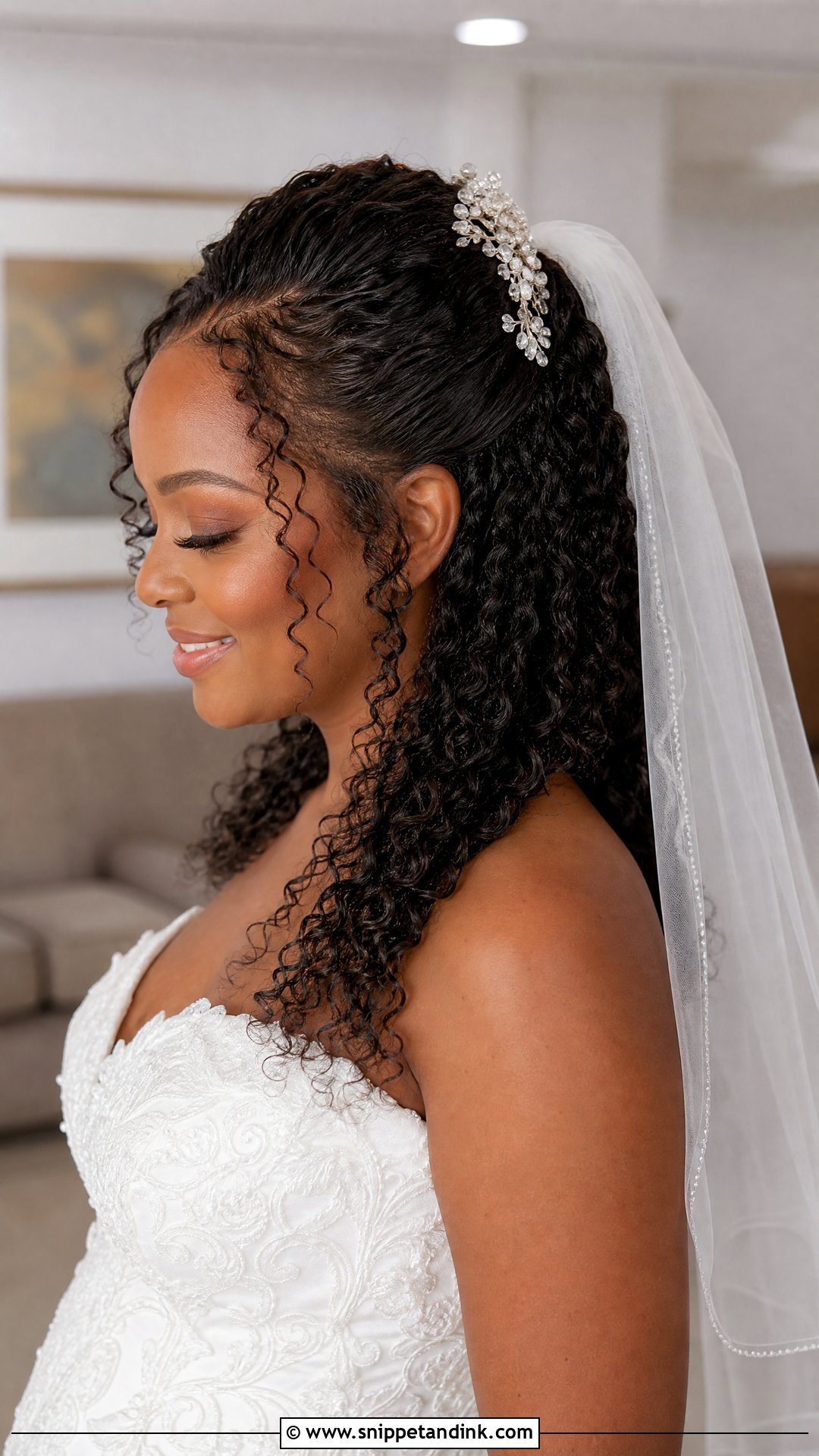 Half Up Curly Style With Veil - Snippet and Ink - 20 Black Bridal Hair Ideas