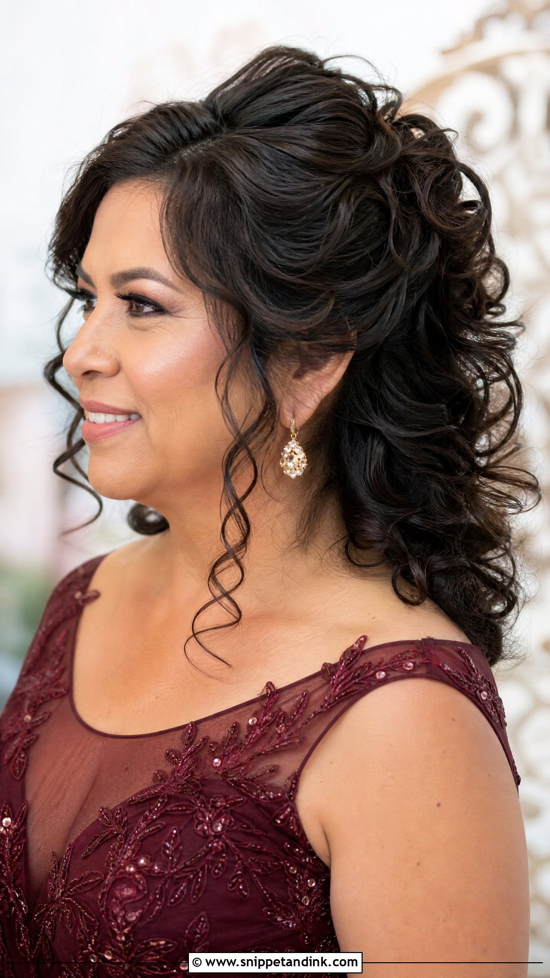 Half Up Curly Updo for Thick Hair - Snippet and Ink - 20 Half-Up Mother of Bride Hairstyles