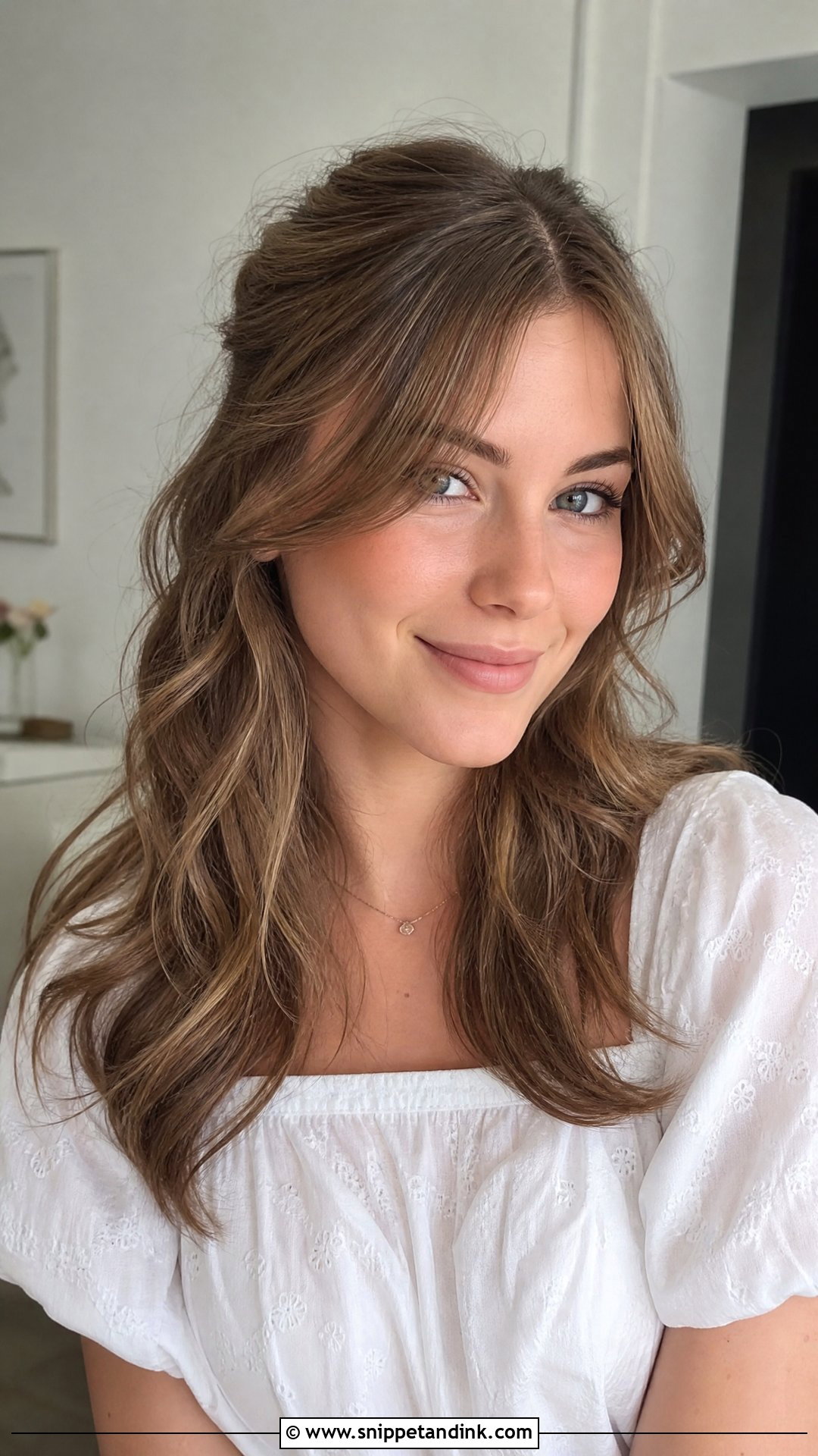 Half Up Curtain Bangs With Soft Waves - Snippet and Ink - 20 Romantic Half-Up Half-Down Ideas