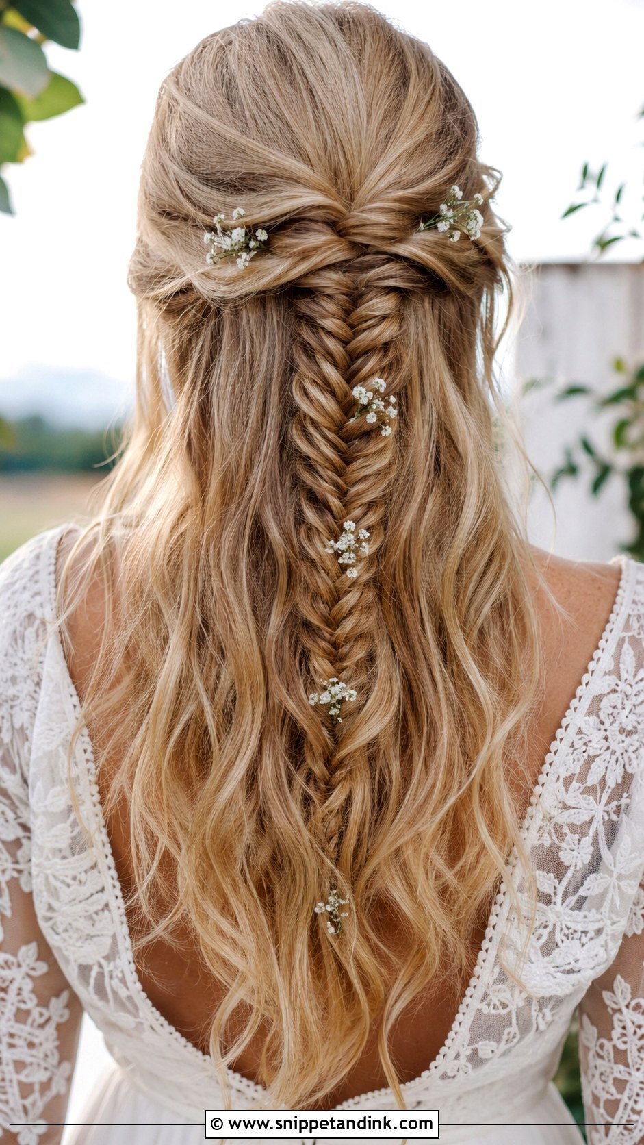 Half Up Fishtail Braid Style - Snippet and Ink - 20 Medium Length Wedding Half-Up Half-Down Ideas