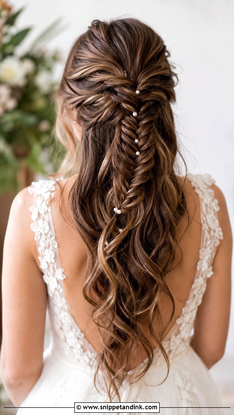 Half Up Fishtail Braid Wedding Hair - Snippet and Ink - 20 Brunette Bridal Half-Up Half-Down Hair Ideas