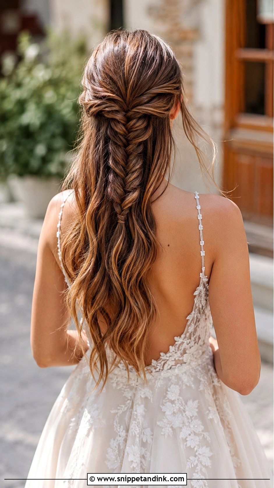 Half Up Fishtail Braid With Cascading Waves - Snippet and Ink - 25 Long Half-Up Half-Down Wedding Hair Ideas