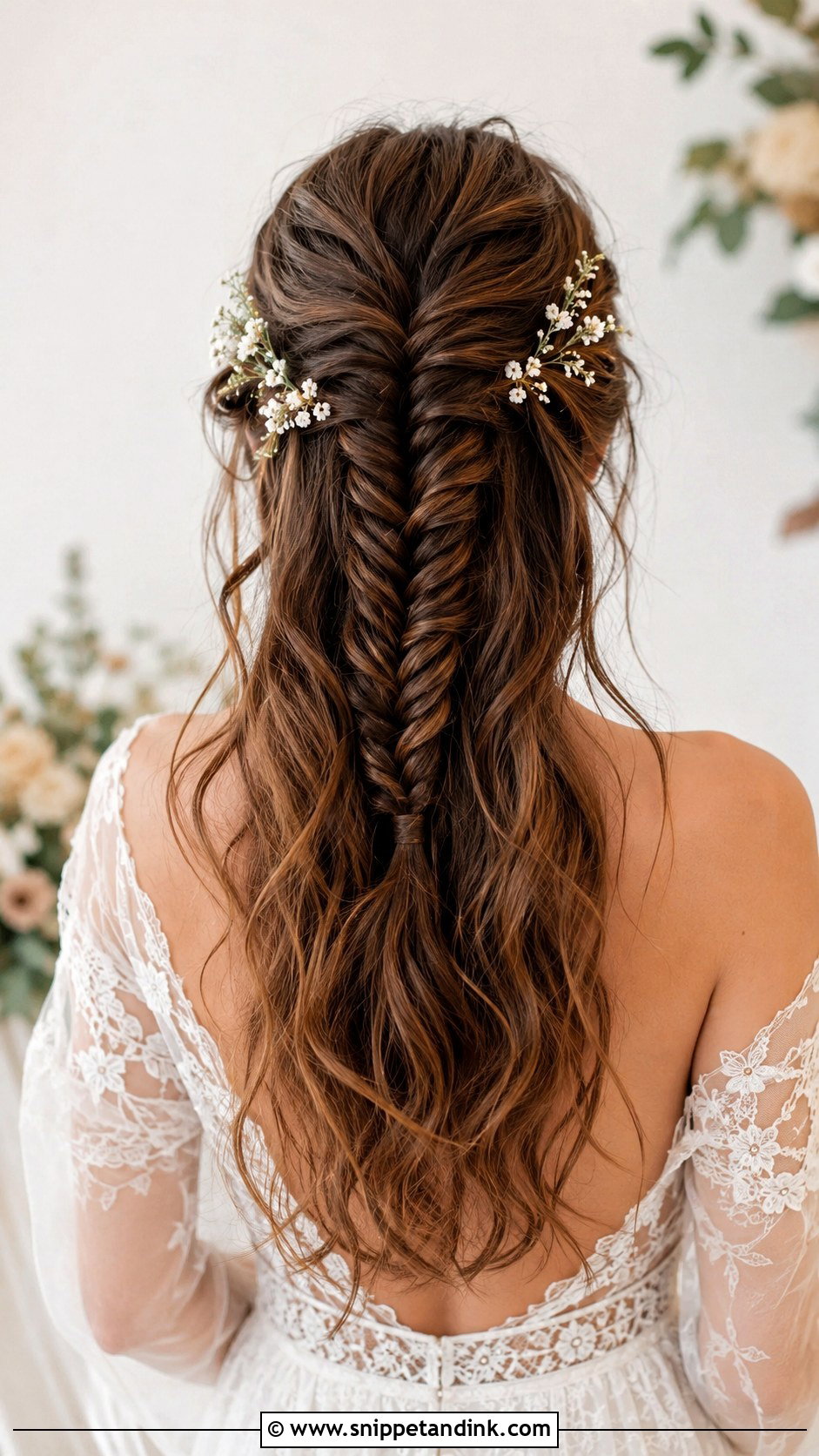 Half Up Fishtail Braid for Brunettes - Snippet and Ink - 20 Brunette Half-Up Bridal Hair Ideas
