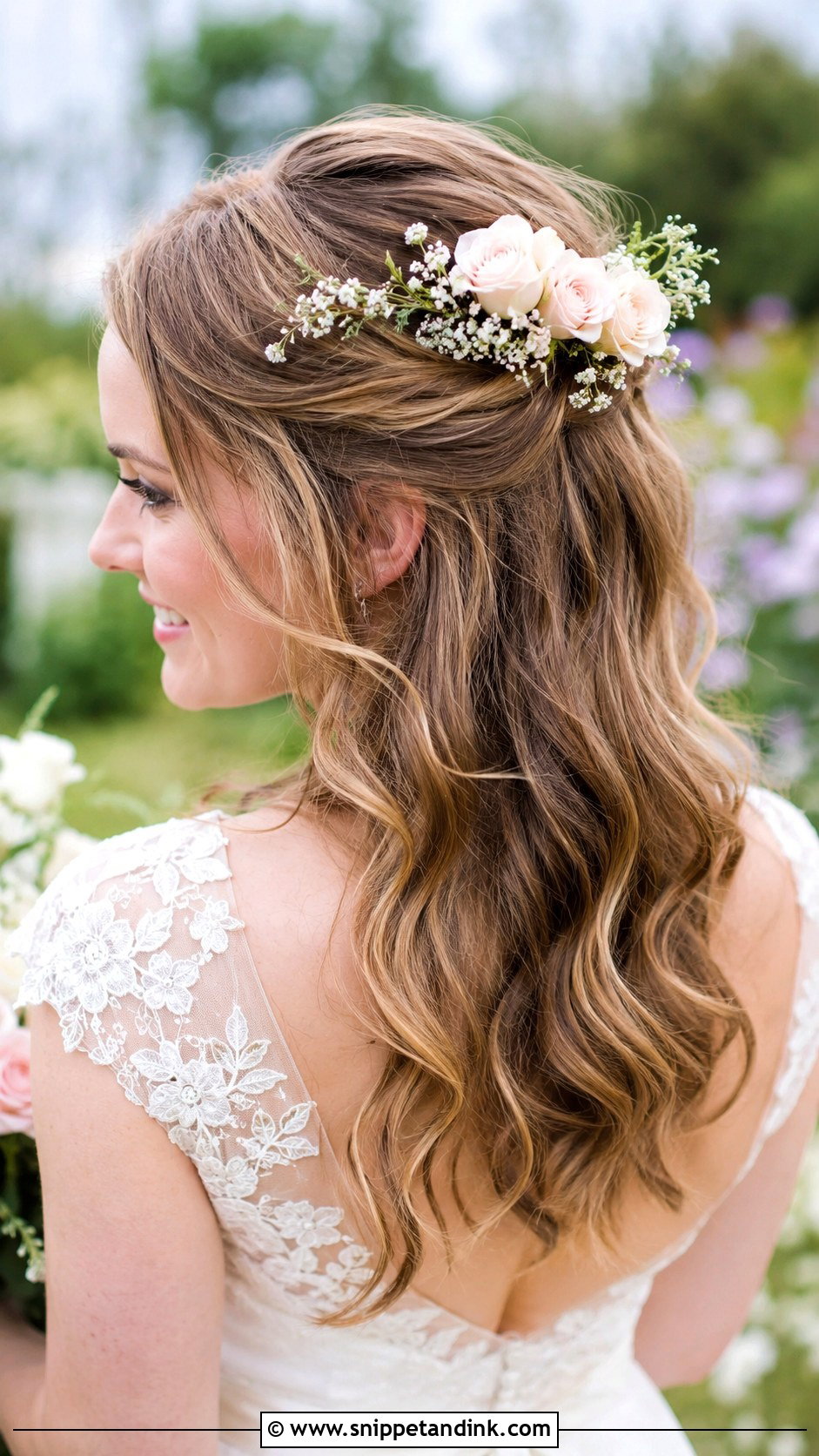 Half Up Floral Accent Wedding Hair - Snippet and Ink - 25 Romantic Half-Up Wedding Hair Ideas