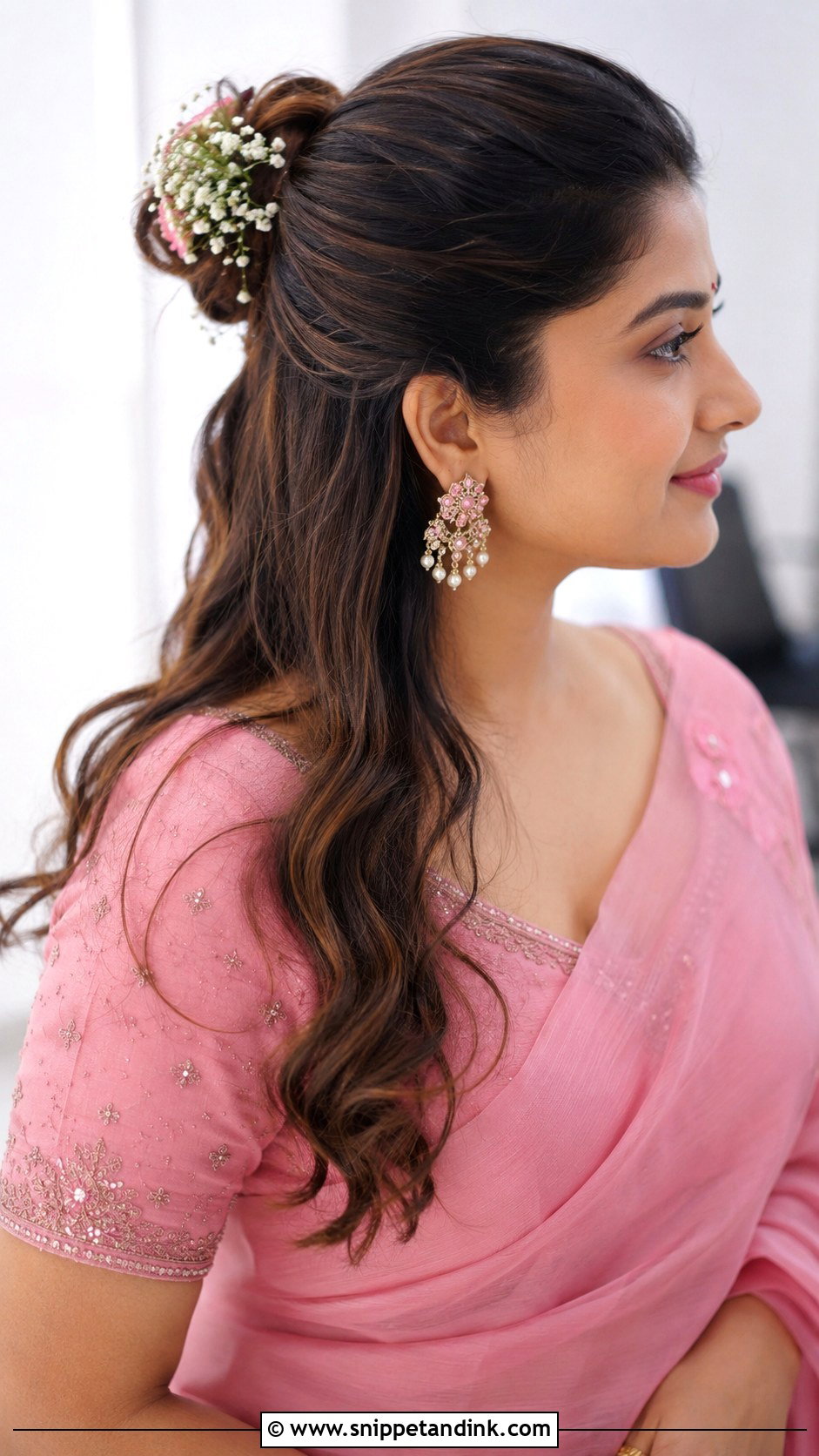 Half Up Floral Bun - Snippet and Ink - 20 Valaikappu Hairstyles