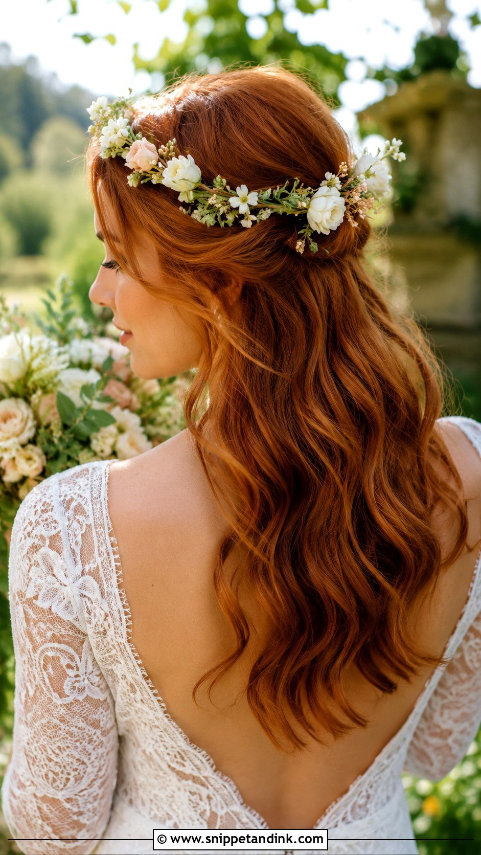 Half Up Floral Crown Style - Snippet and Ink - 25 Medium Length Half-Up Bridal Hair Ideas