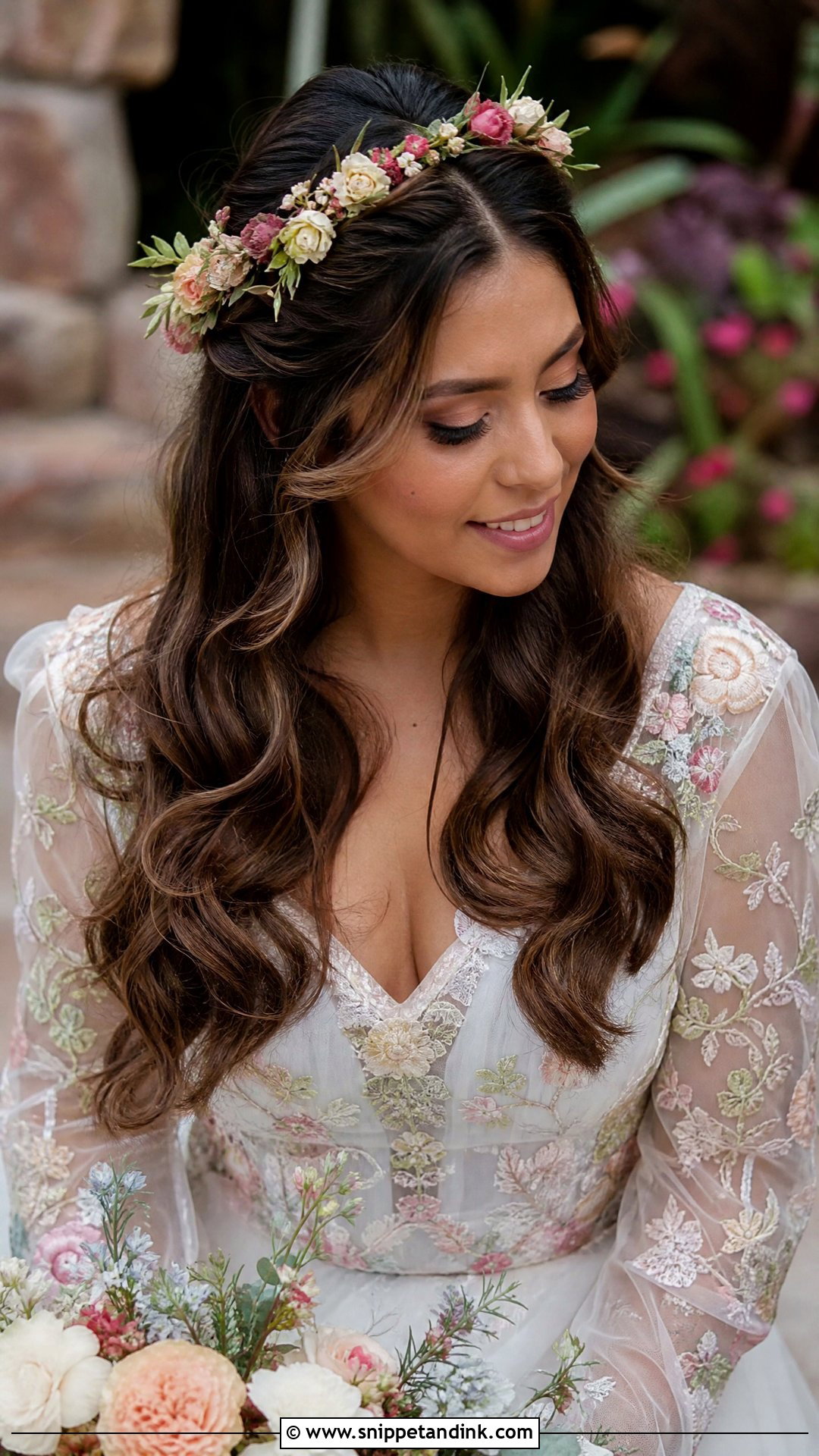 Half Up Floral Crown Wedding Hairstyle - Snippet and Ink - 20 Clip in Hair Extensions Styles Half-Up Down Wedding Hairstyles