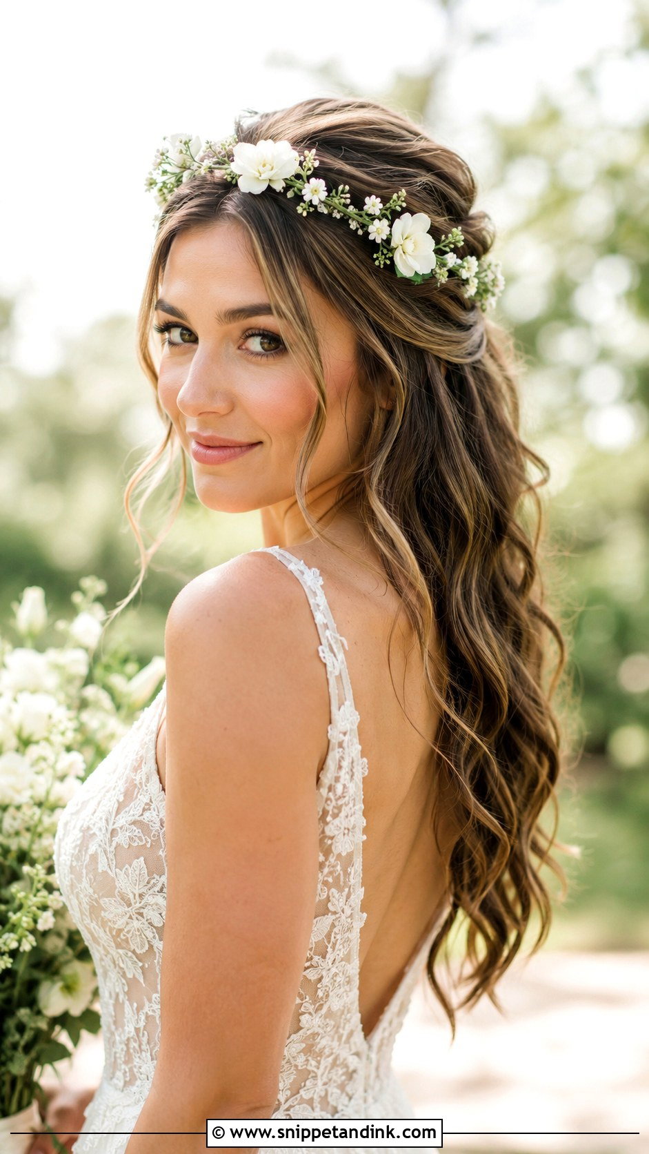 Half Up Floral Crown With Long Waves - Snippet and Ink - 25 Long Half-Up Half-Down Wedding Hair Ideas