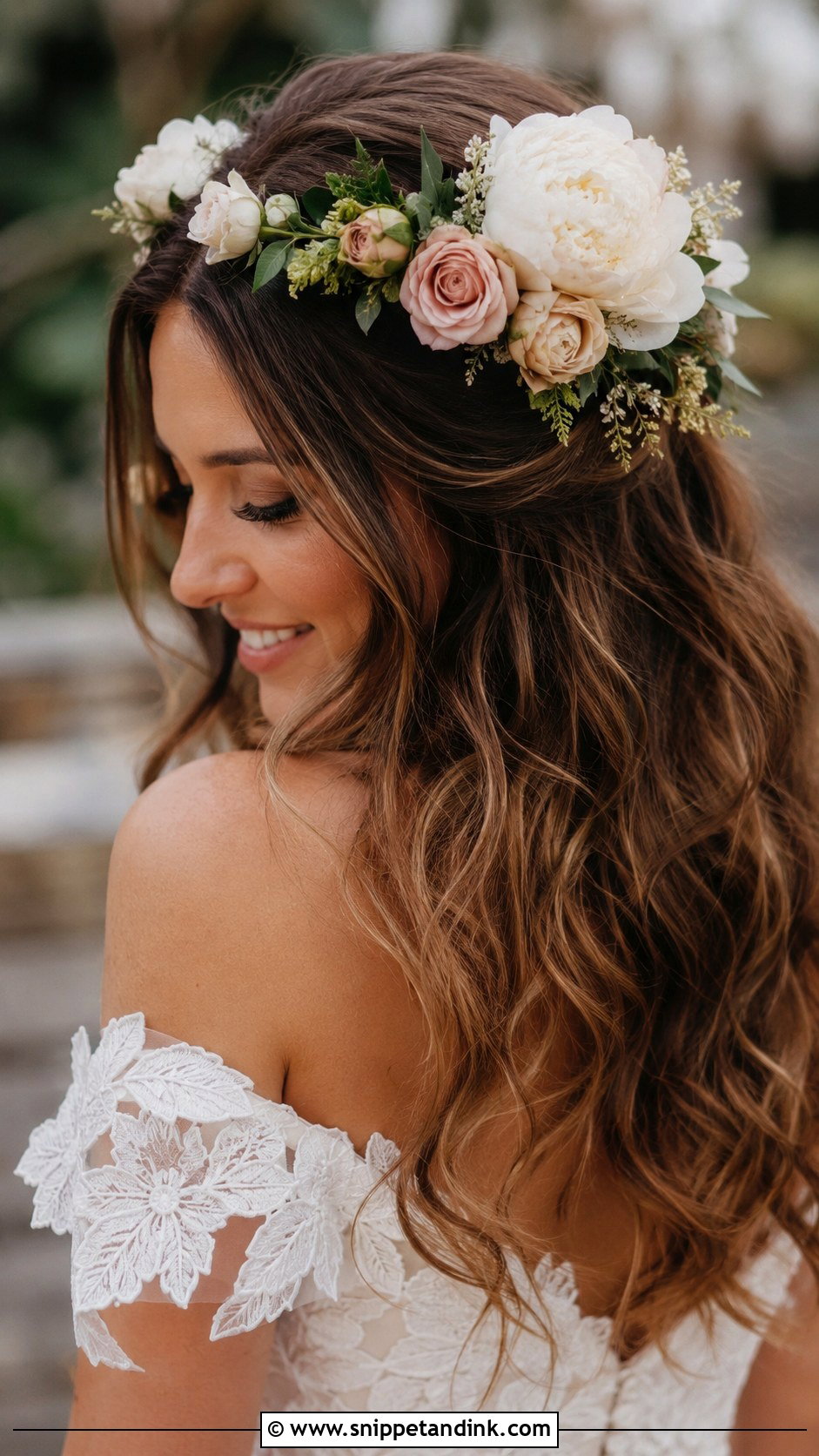 Half Up Floral Crown for Brunette Brides - Snippet and Ink - 20 Brunette Half-Up Bridal Hair Ideas