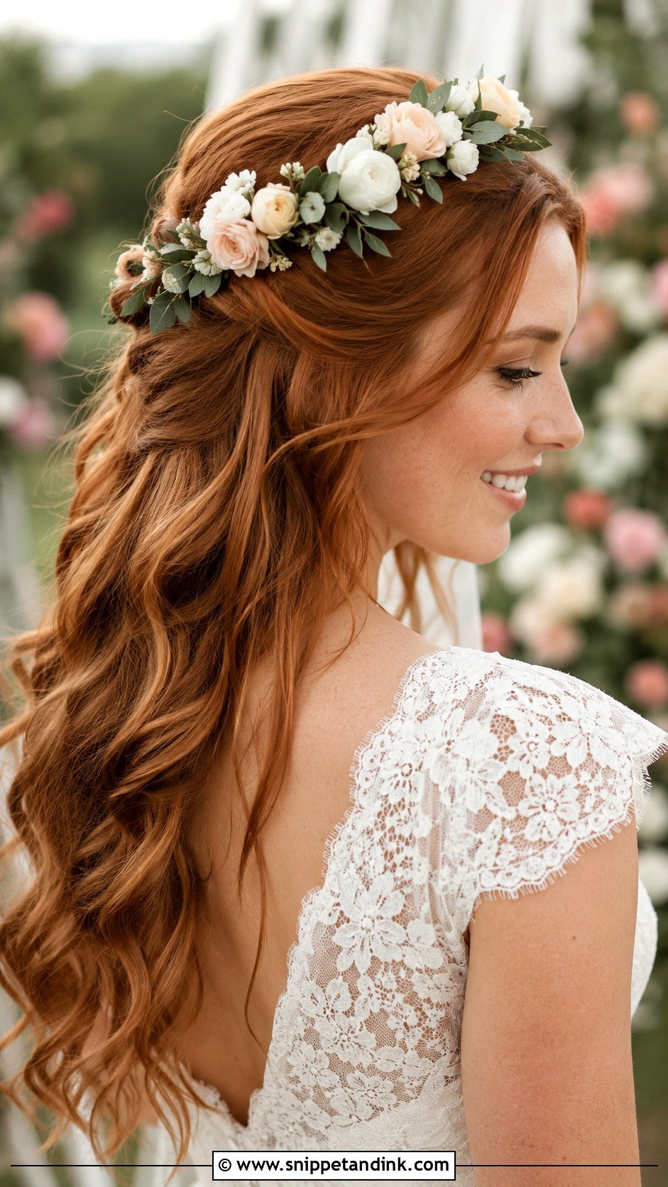 Half Up Flower Crown Wedding Hair - Snippet and Ink - 25 Romantic Half-Up Wedding Hair Ideas