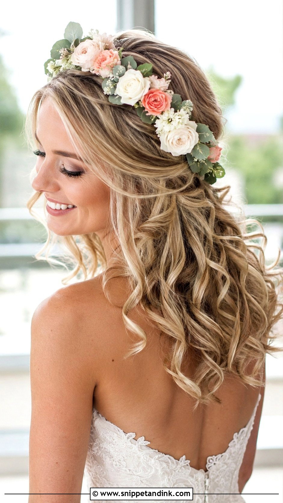 Half Up Flower Crown With Soft Curls - Snippet and Ink - 20 Wedding Hair with Flower Crown Ideas