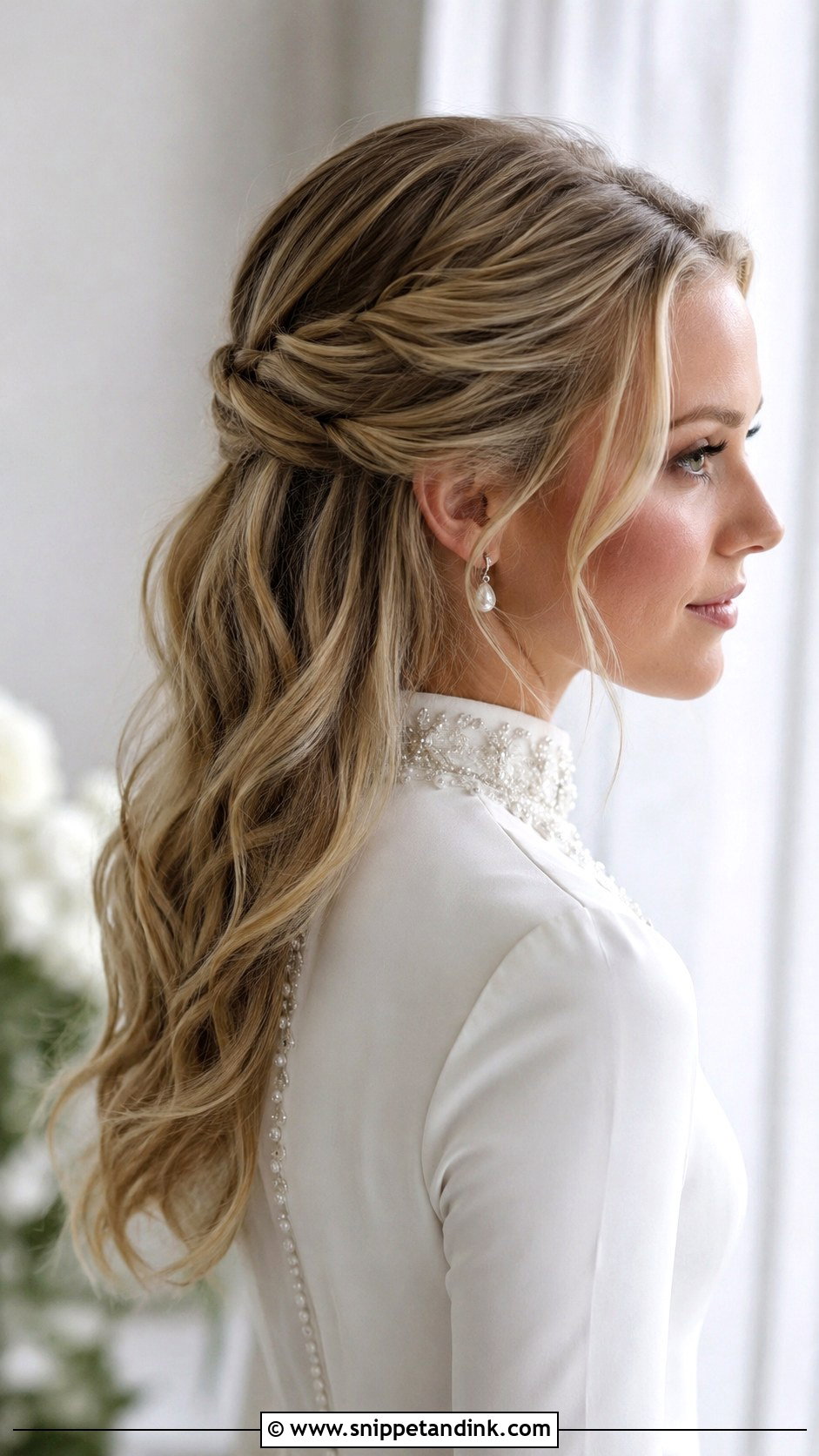 Half Up Hairstyle For High Neck Wedding Dress - Snippet and Ink - 20 High Neck Wedding Hairstyles