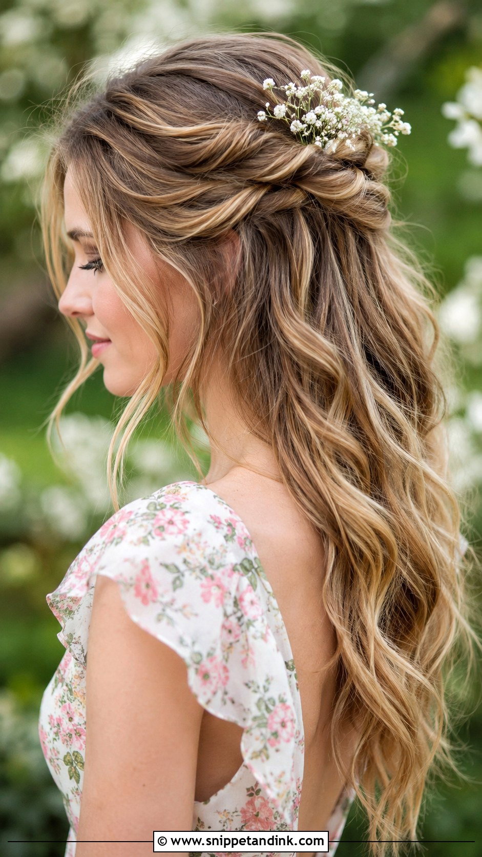 Half Up Hairstyle With Babys Breath Twists - Snippet and Ink - 25 Bridal Hair Flowers