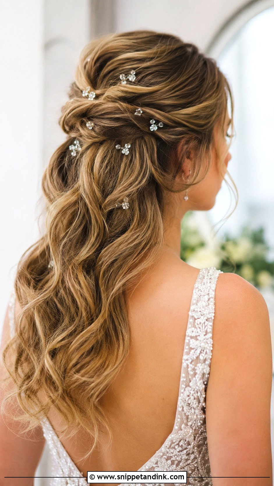 Half Up Hairstyle With Crystal Pins - Snippet and Ink - 30 Half-Up Half-Down Bridal Hairstyles