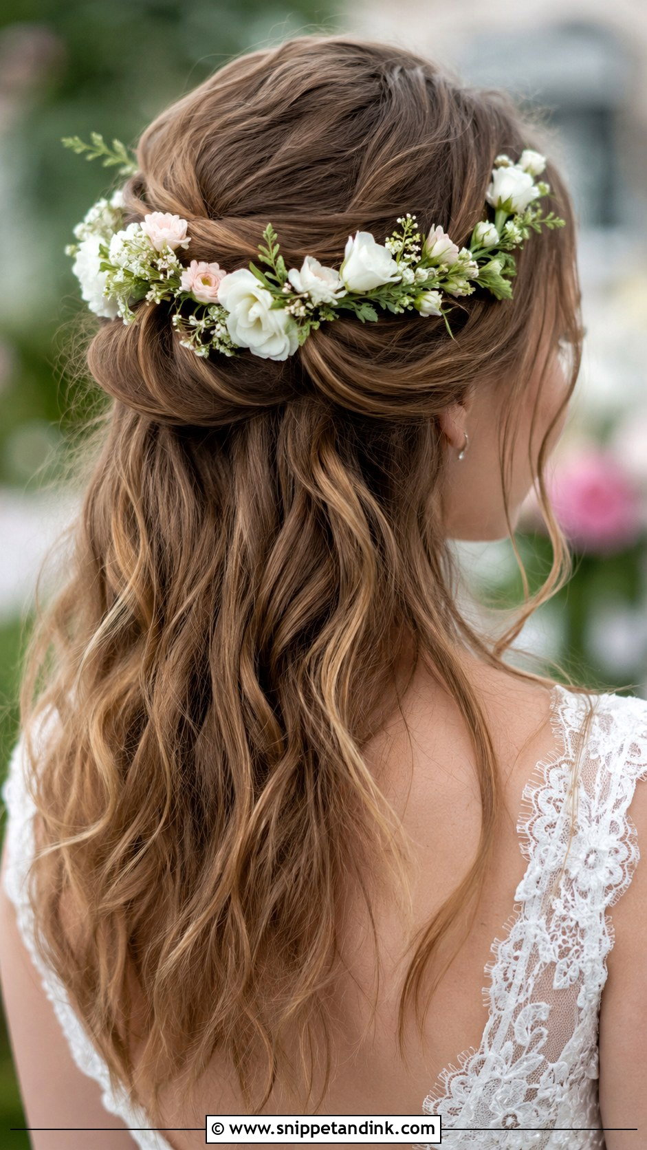 Half Up Hairstyle With Floral Crown - Snippet and Ink - 30 Half-Up Half-Down Bridal Hairstyles