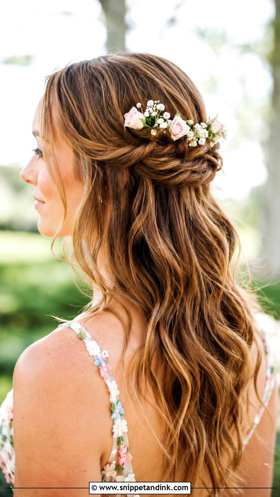 Half Up Hairstyle With Flower Accents - Snippet and Ink - 25 Half-Up Maid of Honor Hairstyles