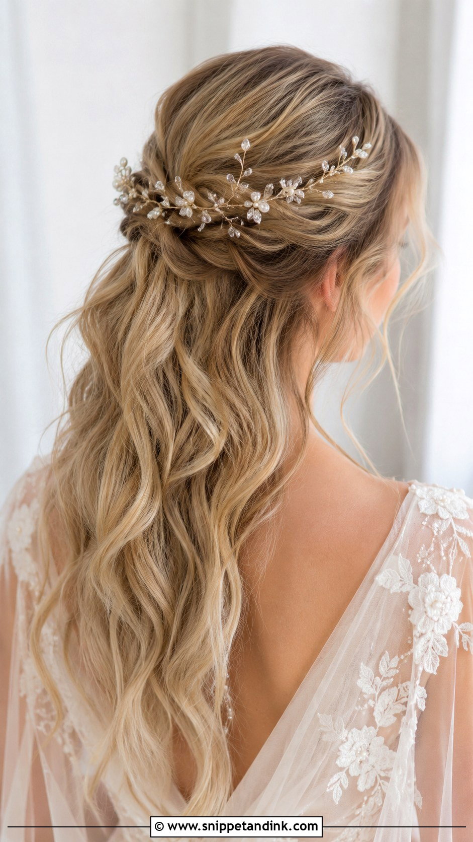 Half Up Hairstyle With Hair Vine - Snippet and Ink - 20 Half-Up Wedding Hair for Bride Ideas