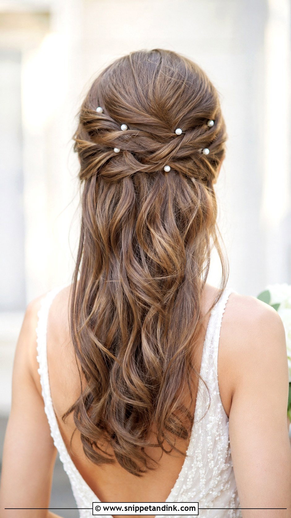Half Up Hairstyle With Pearl Pins - Snippet and Ink - 25 Half-Up Maid of Honor Hairstyles