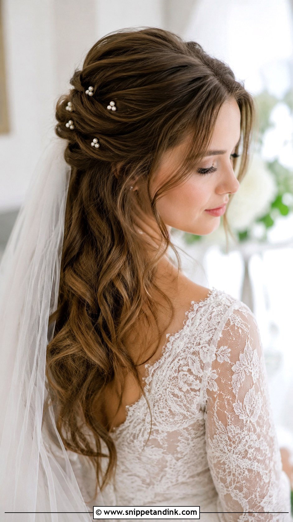 Half Up Hairstyle With Pearls - Snippet and Ink - 25 Half-Up Wedding Hairstyles for Long Hair