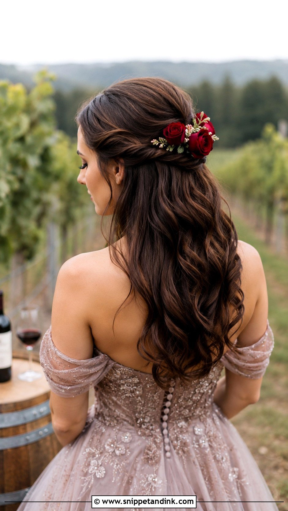 Half Up Hairstyle With Rose Accents - Snippet and Ink - 25 Elegant Half-Up Half-Down Wedding Hair Ideas