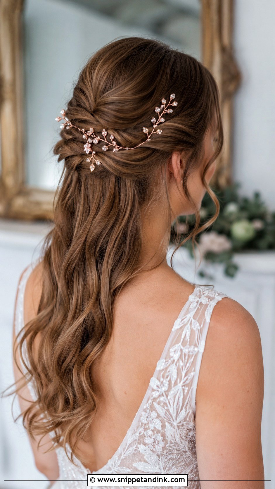 Half Up Hairstyle With Rose Gold Accessories - Snippet and Ink - 25 Half-Up Wedding Hairstyles for Long Hair