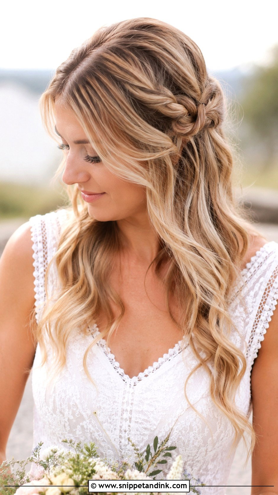 Half Up Hairstyle With Side Braid - Snippet and Ink - 25 Elegant Half-Up Half-Down Wedding Hair Ideas