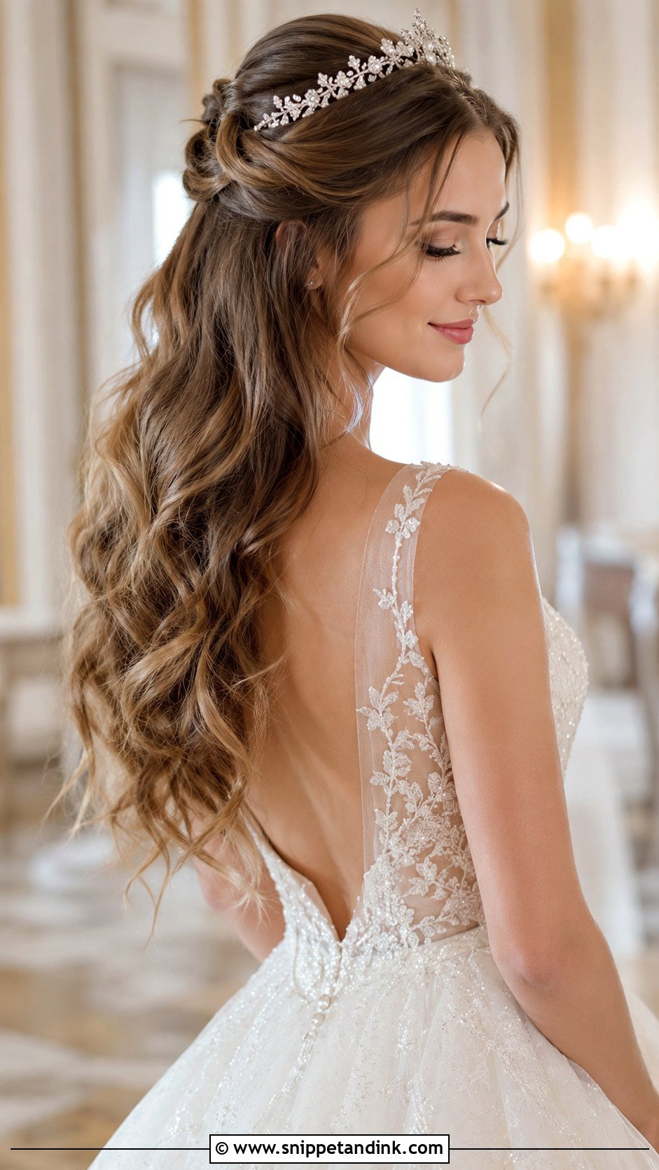 Half Up Hairstyle With Tiara - Snippet and Ink - 25 Half-Up Wedding Hairstyles for Long Hair