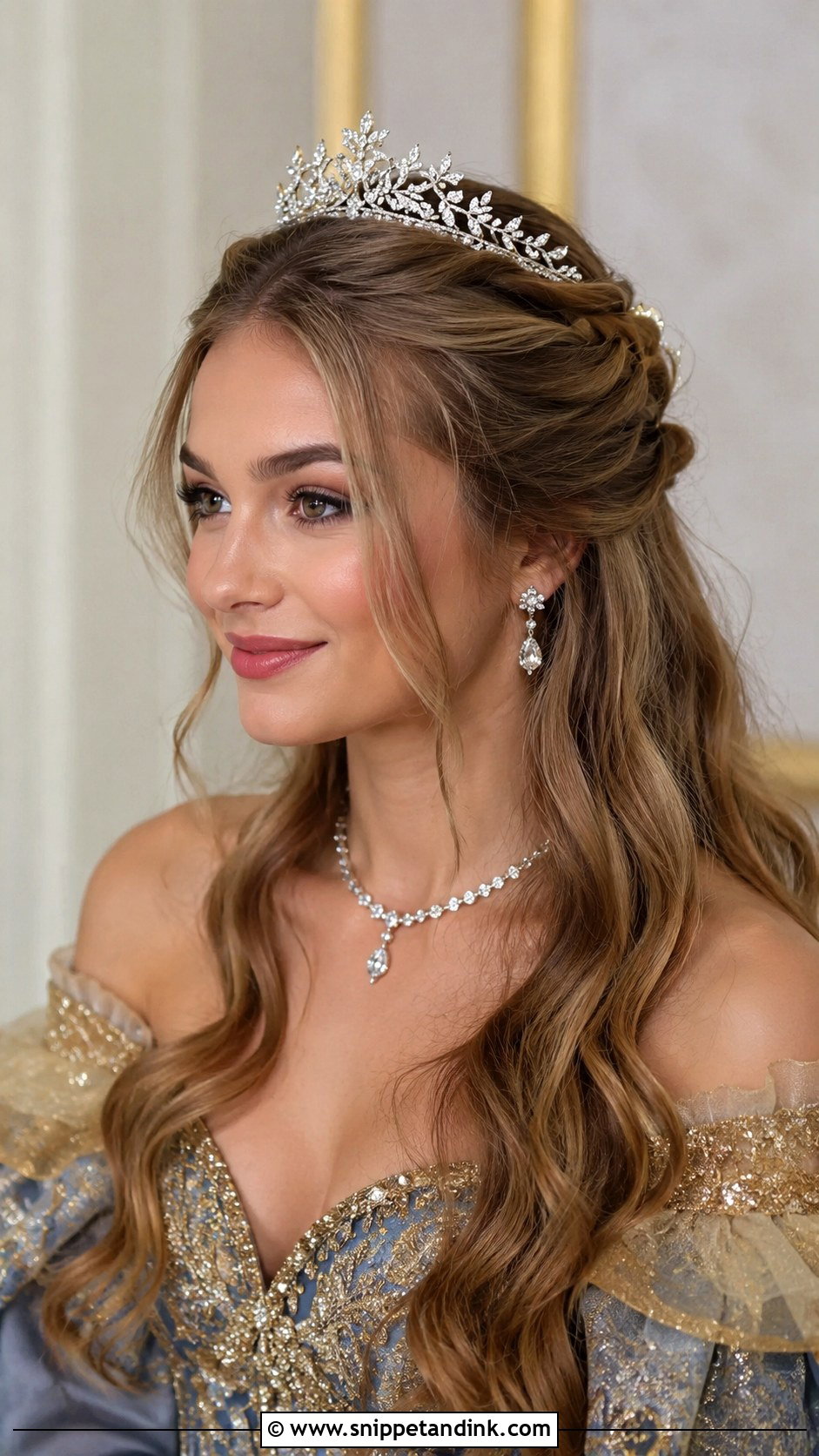 Half Up Hairstyle With Tiara - Snippet and Ink - 25 Elegant Half-Up Half-Down Wedding Hair Ideas