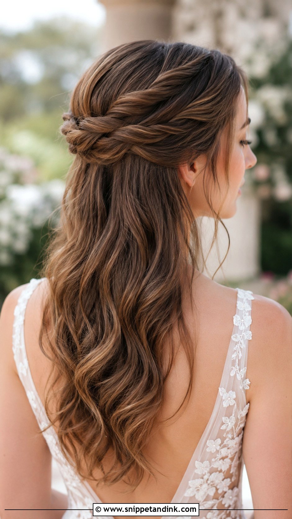 Half Up Hairstyle With Twisted Halo - Snippet and Ink - 25 Elegant Half-Up Half-Down Wedding Hair Ideas