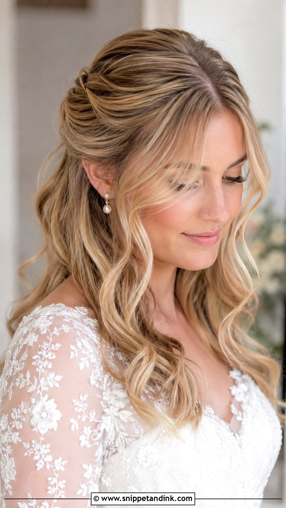 Half Up Half Down Bridal Hair With Curtain Bangs - Snippet and Ink - 15 Half-Up Half-Down Bridal Hairstyle Ideas