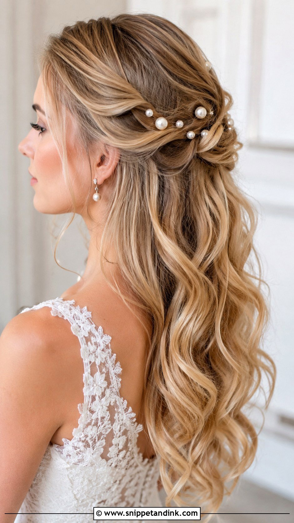 Half Up Half Down Bridal Hair With Pearl Pins - Snippet and Ink - 15 Half-Up Half-Down Bridal Hairstyle Ideas