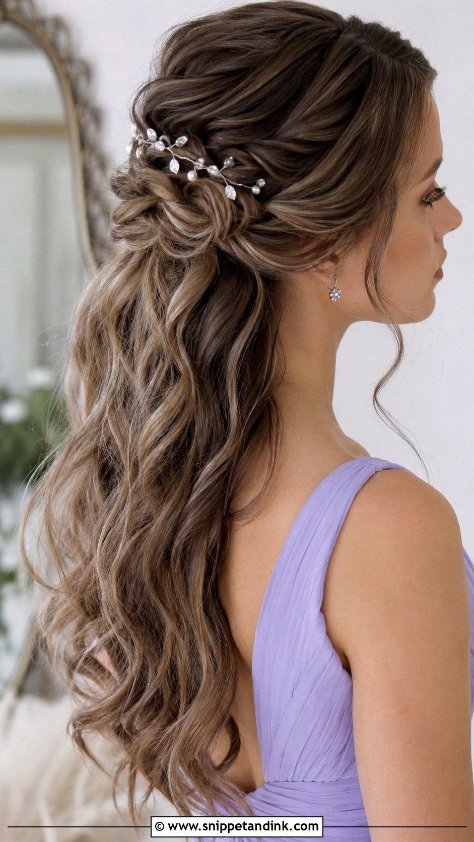 Half Up Half Down Bridesmaid Hair With A Hair Vine - Snippet and Ink - 35 Half Up Half Down Bridesmaid Hair Ideas