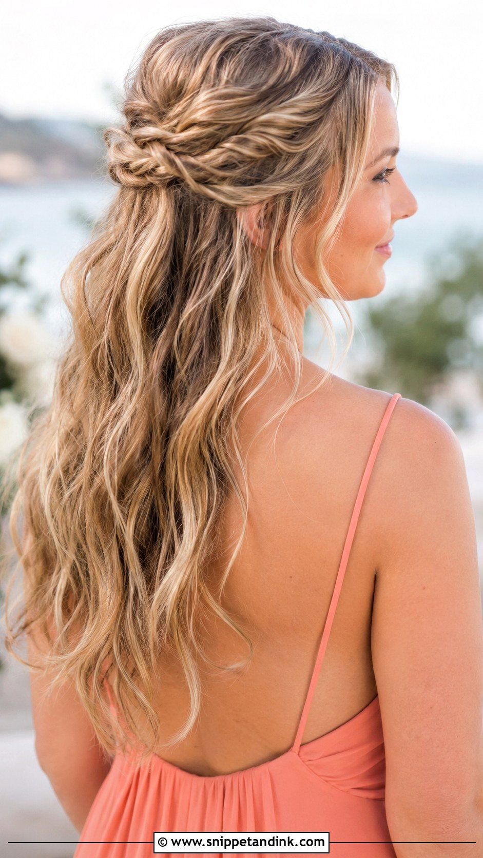 Half Up Half Down Bridesmaid Hair With Beach Waves - Snippet and Ink - 35 Half Up Half Down Bridesmaid Hair Ideas