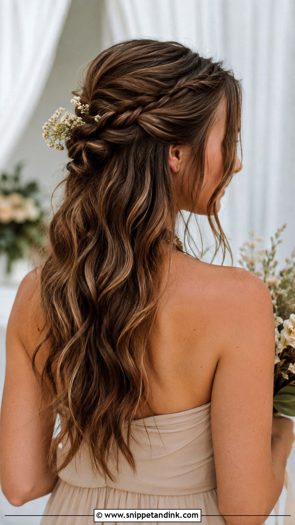 Half Up Half Down Bridesmaid Hair With Boho Waves - Snippet and Ink - 20 Bridesmaid Hair Inspo Half Up Half Down Ideas