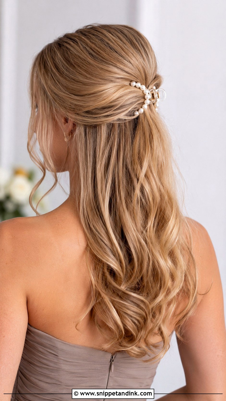 Half Up Half Down Bridesmaid Hair With Claw Clip - Snippet and Ink - 20 Half Up Half Down Hairstyles Bridesmaid