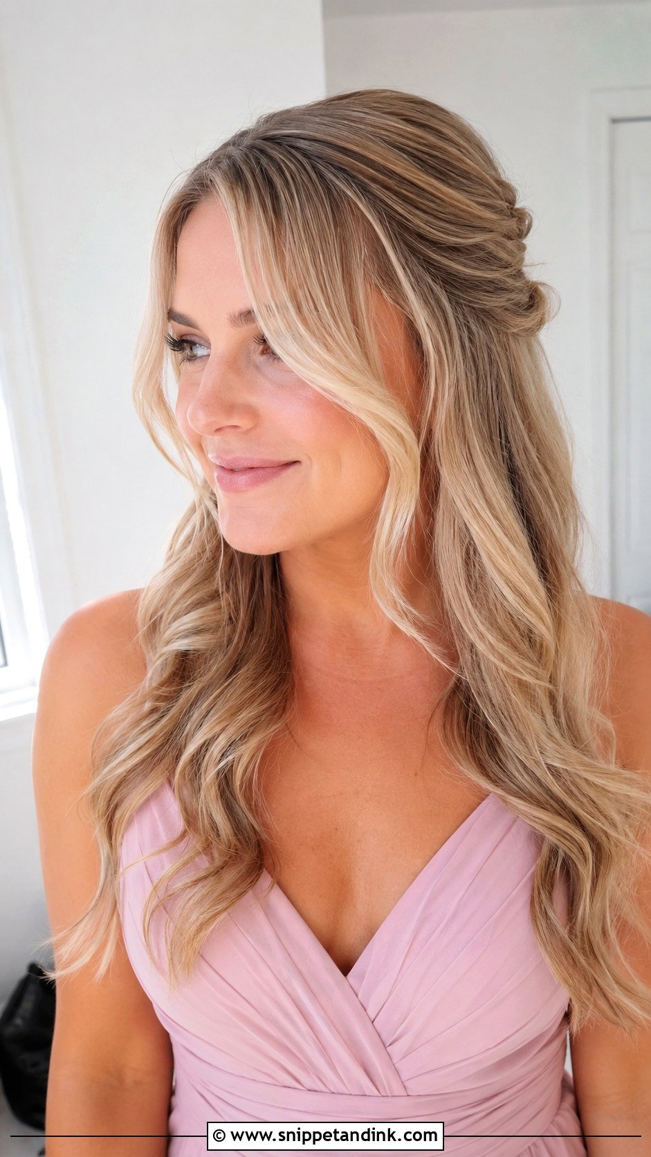 Half Up Half Down Bridesmaid Hair With Curtain Bangs - Snippet and Ink - 35 Half Up Half Down Bridesmaid Hair Ideas
