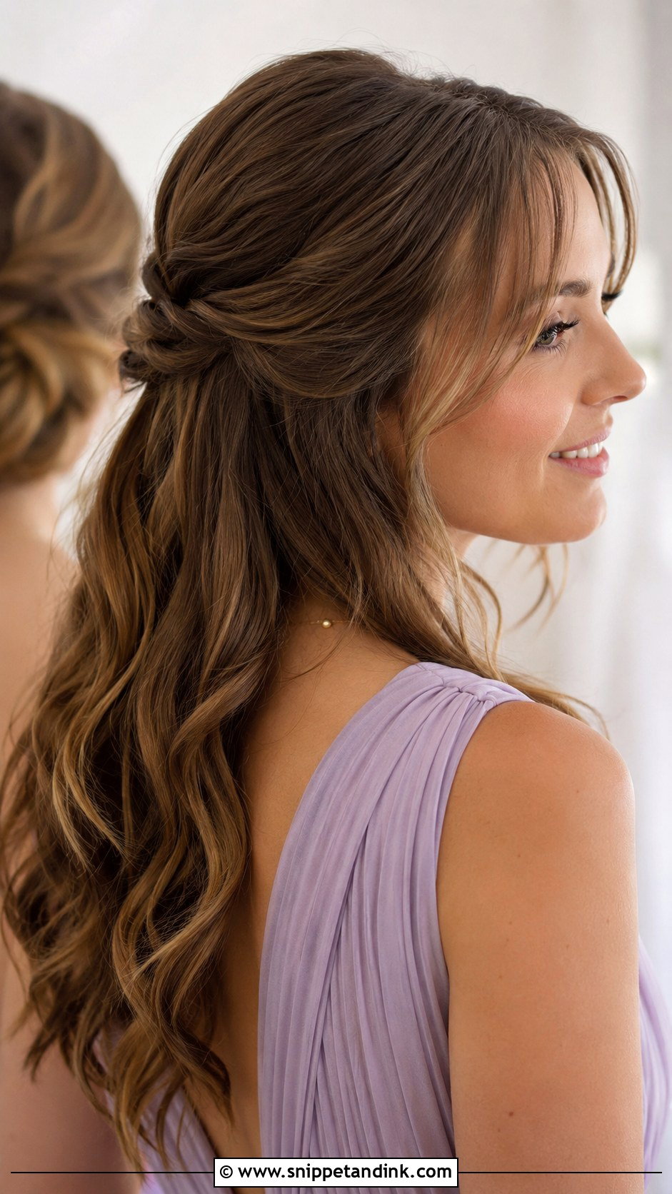 Half Up Half Down Bridesmaid Hair With Curtain Bangs - Snippet and Ink - 20 Bridesmaid Hair Inspo Half Up Half Down Ideas