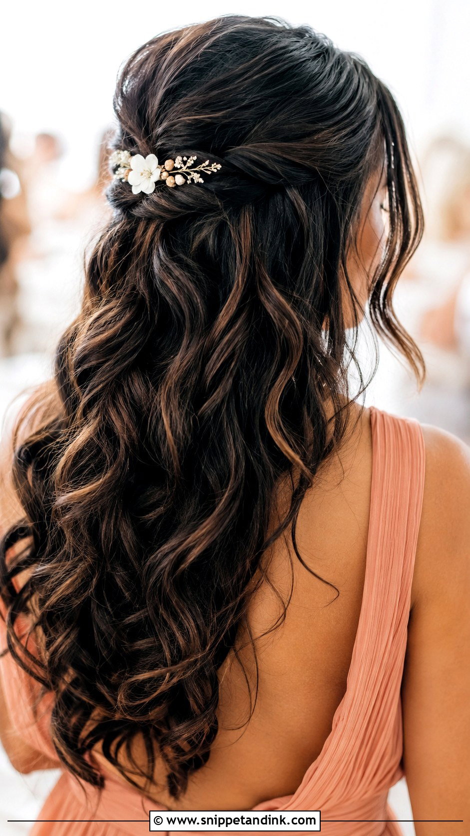 Half Up Half Down Bridesmaid Hair With Floral Clip - Snippet and Ink - 25 Half Up Half Down Bridesmaid Hair Medium Ideas