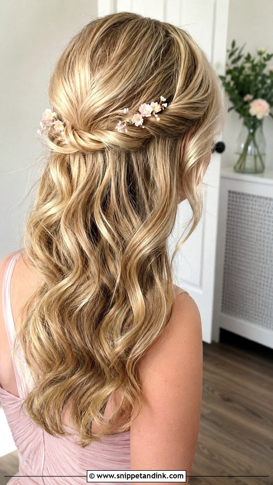 Half Up Half Down Bridesmaid Hair With Floral Clips - Snippet and Ink - 20 Bridesmaids Hair Half Up Half Down Ideas