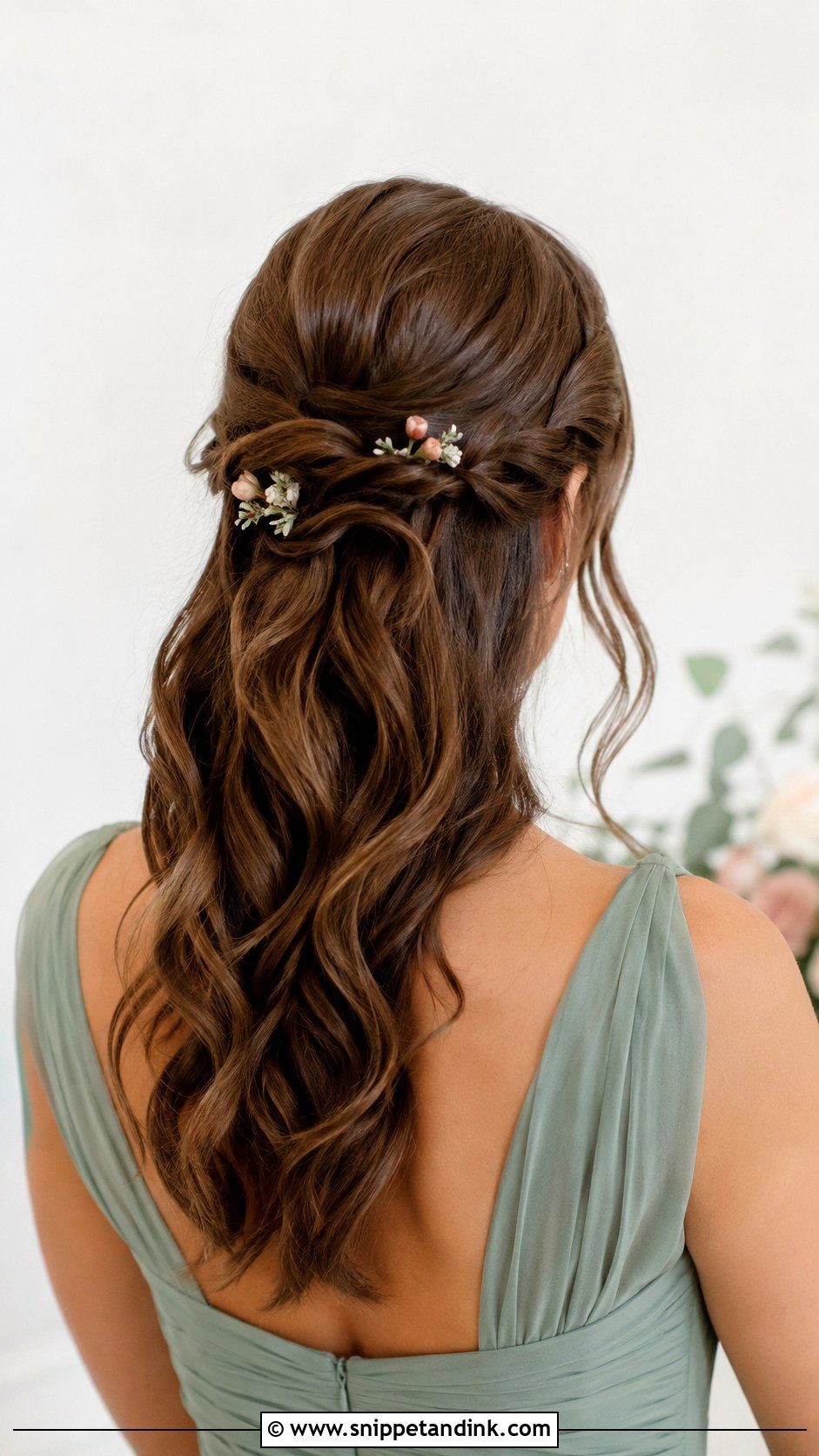 Half Up Half Down Bridesmaid Hair With Floral Pins - Snippet and Ink - 30 Bridesmaids Half Up Half Down Hairstyles