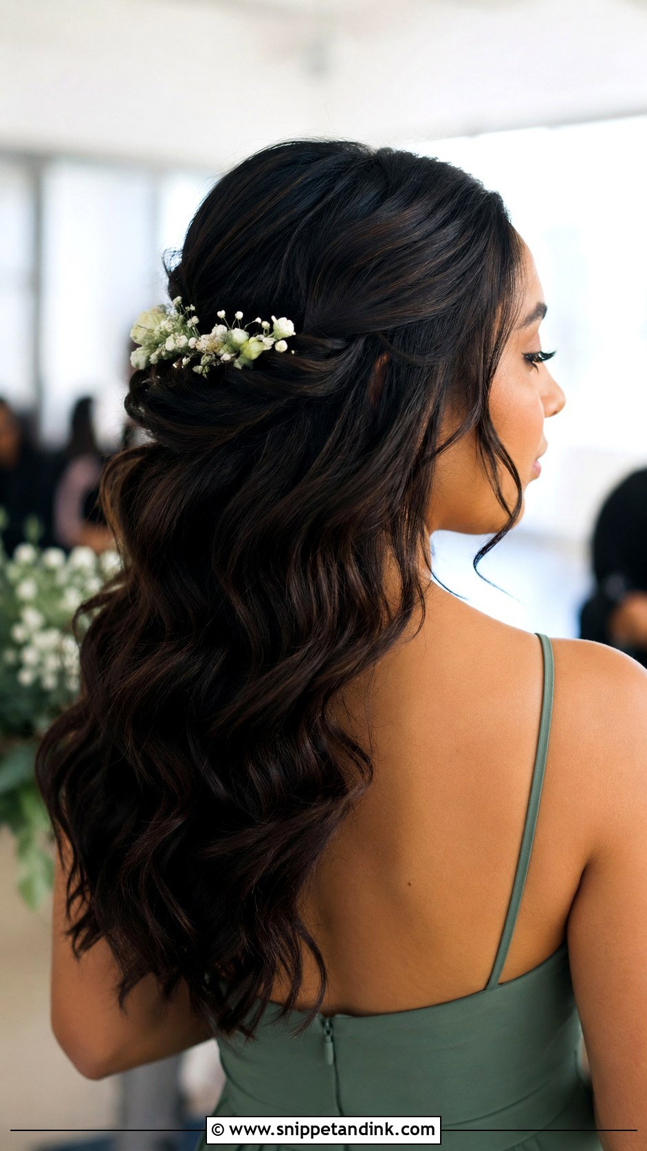 Half Up Half Down Bridesmaid Hair With Floral Pins - Snippet and Ink - 20 Bridesmaid Hair Half Up Half Down Medium Length Ideas