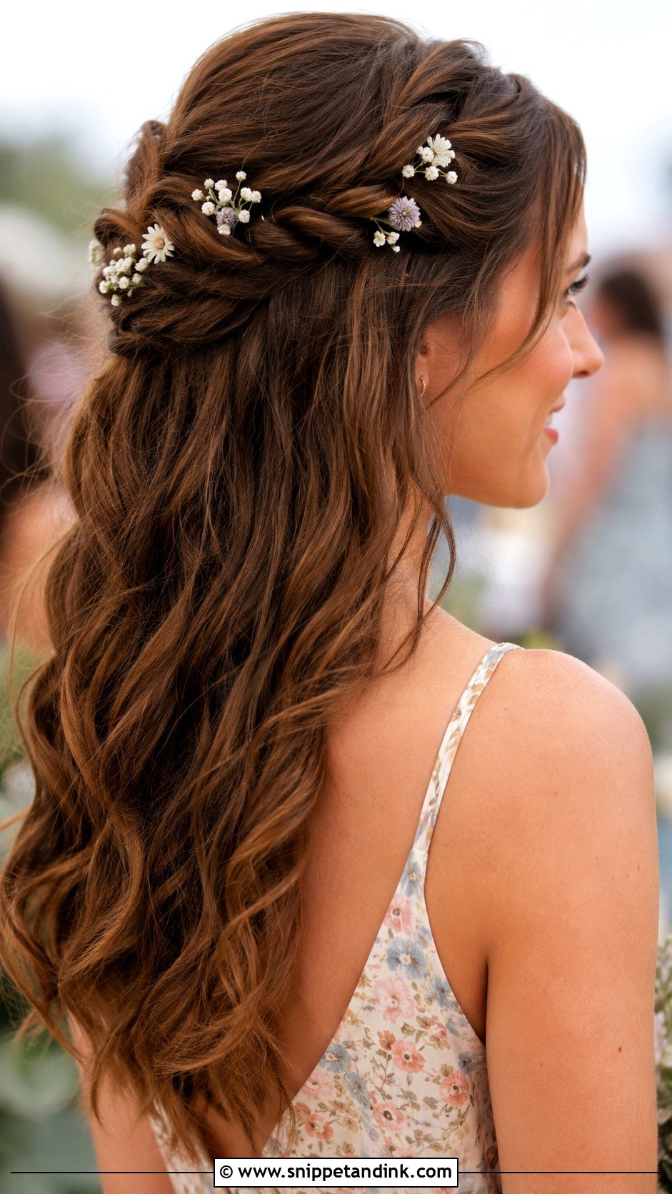 Half Up Half Down Bridesmaid Hair With Flower Pins - Snippet and Ink - 25 Half Up Half Down Wedding Hair Bridesmaid Ideas