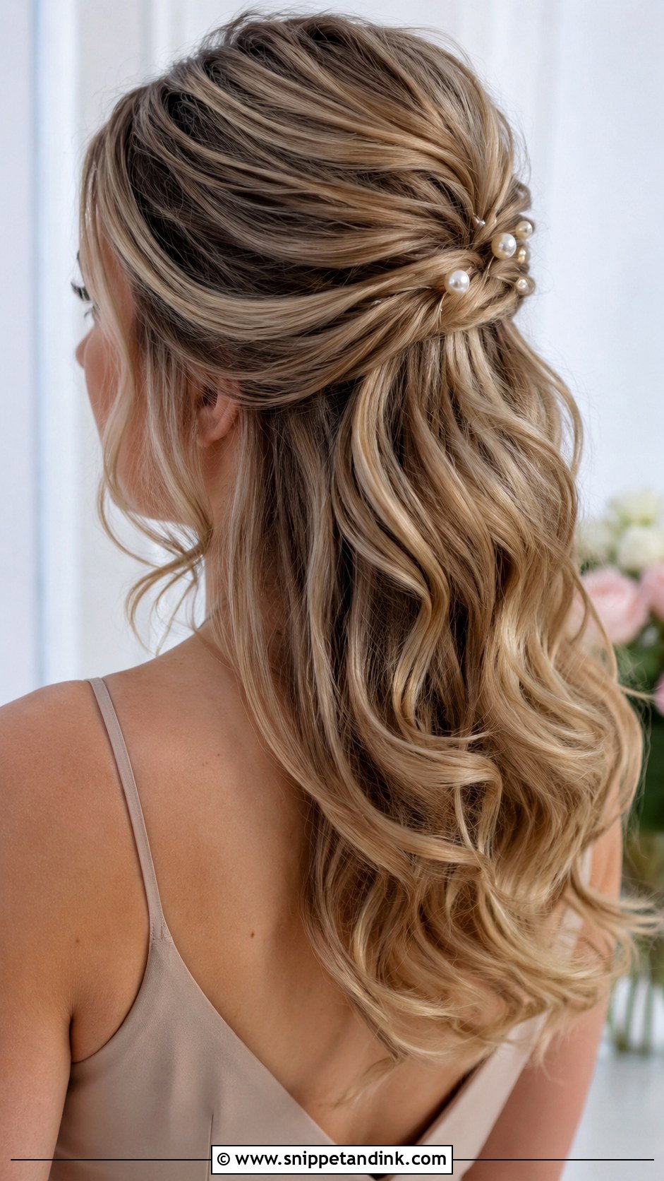 Half Up Half Down Bridesmaid Hair With Pearl Pins - Snippet and Ink - 20 Bridesmaid Hair Inspo Half Up Half Down Ideas