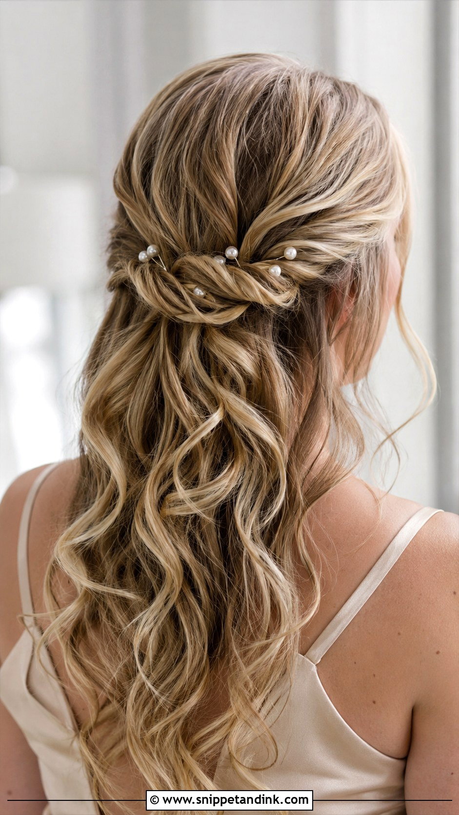 Half Up Half Down Bridesmaid Hair With Pearl Pins - Snippet and Ink - 20 Half Up Half Down Bridesmaid Hair Long Ideas