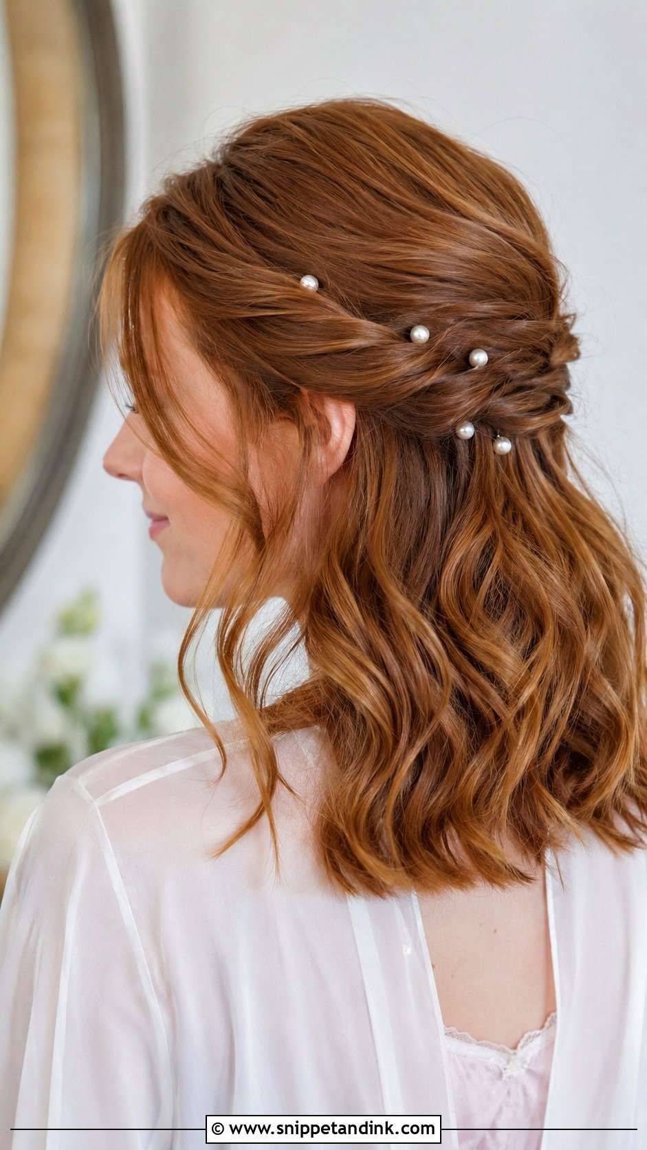 Half Up Half Down Bridesmaid Hair With Pearl Pins - Snippet and Ink - 25 Half Up Half Down Bridesmaid Hair Medium Ideas
