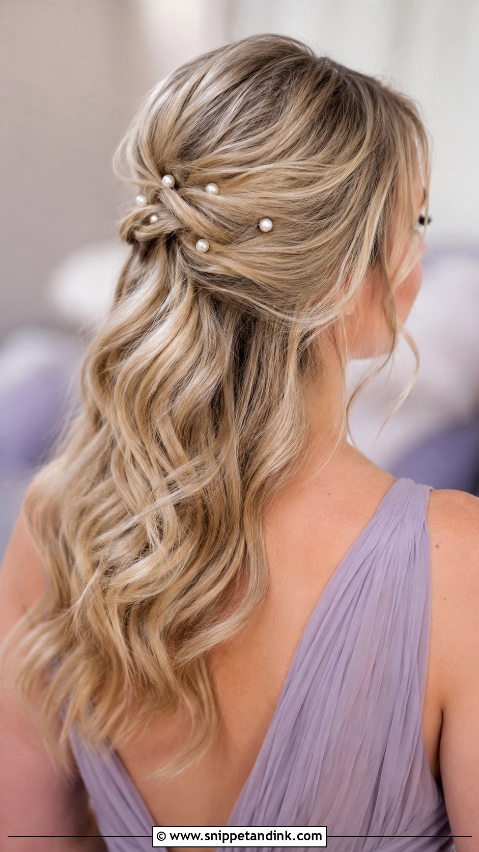 Half Up Half Down Bridesmaid Hair With Pearl Pins - Snippet and Ink - 25 Half Up Half Down Wedding Hair Bridesmaid Ideas